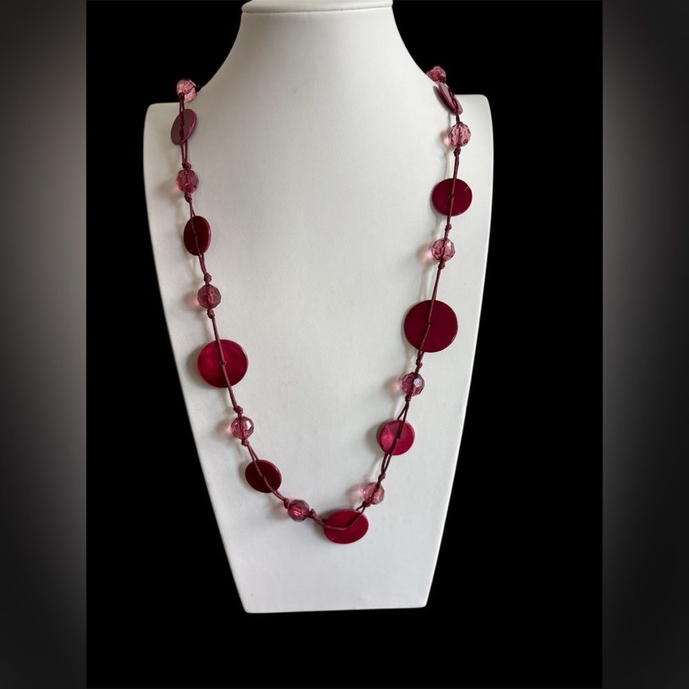 Fuchsia Disc & Faceted Bead Necklace 35”